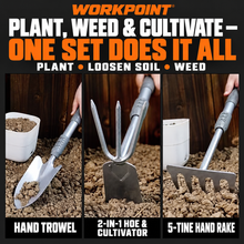 Load image into Gallery viewer, WORKPOINT 3-Piece Heavy-Duty Garden Tool Set – Hand Trowel, 2-in-1 Hoe & Cultivator, and 5-Tine Hand Rake