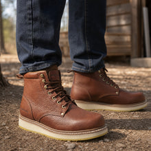 Load image into Gallery viewer, WORKPOINT H84984 men's brown 6-inch soft toe work boots, outdoor lifestyle view