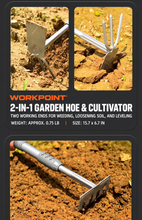 Load image into Gallery viewer, WORKPOINT 3-Piece Heavy-Duty Garden Tool Set – Hand Trowel, 2-in-1 Hoe &amp; Cultivator, and 5-Tine Hand Rake
