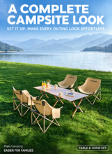 Load image into Gallery viewer, WORKPOINT 5-Piece Folding Camping Table and Chair Set – 59.4-Inch Roll-Top Table with 4 Padded Moon Chairs for Camping, Picnics, Tailgating &amp; Backyard Gatherings
