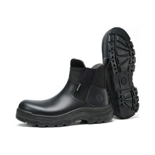 Load image into Gallery viewer, Workpoint 80M02 men's black 6-inch soft toe Chelsea work boots, boot and outsole view
