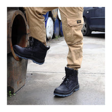 Load image into Gallery viewer, Workpoint 80N01BK men's black 6-inch soft toe work boots, on-foot view
