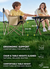 Load image into Gallery viewer, WORKPOINT 5-Piece Folding Camping Table and Chair Set – 59.4-Inch Roll-Top Table with 4 Padded Moon Chairs for Camping, Picnics, Tailgating &amp; Backyard Gatherings
