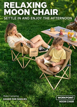 Load image into Gallery viewer, WORKPOINT 5-Piece Folding Camping Table and Chair Set – 59.4-Inch Roll-Top Table with 4 Padded Moon Chairs for Camping, Picnics, Tailgating &amp; Backyard Gatherings
