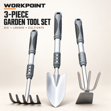 Load image into Gallery viewer, WORKPOINT 3-Piece Heavy-Duty Garden Tool Set – Hand Trowel, 2-in-1 Hoe &amp; Cultivator, and 5-Tine Hand Rake
